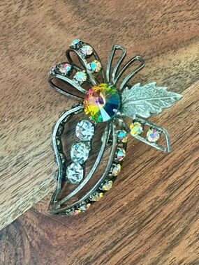 Vintage Stunning Ravioli AB Watermelon Rhinestone Flower Bow Pin Brooch